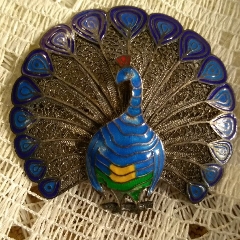 SOLD   Vtg guliloche enamel SS peacock